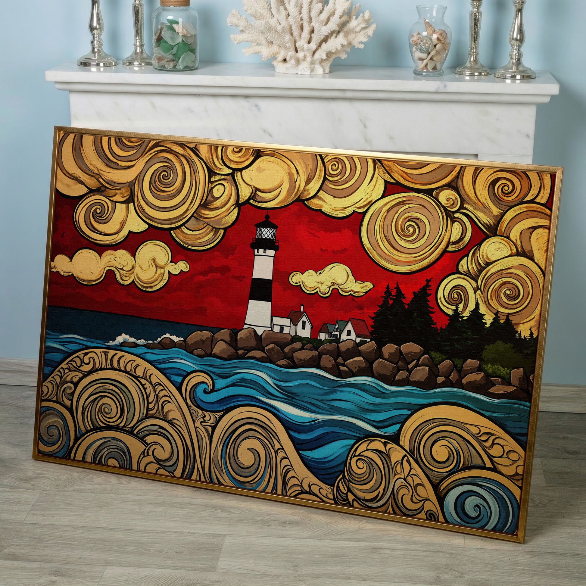 Lighthouse and Rocky Shore Canvas Wall Art in rose gold floating frame