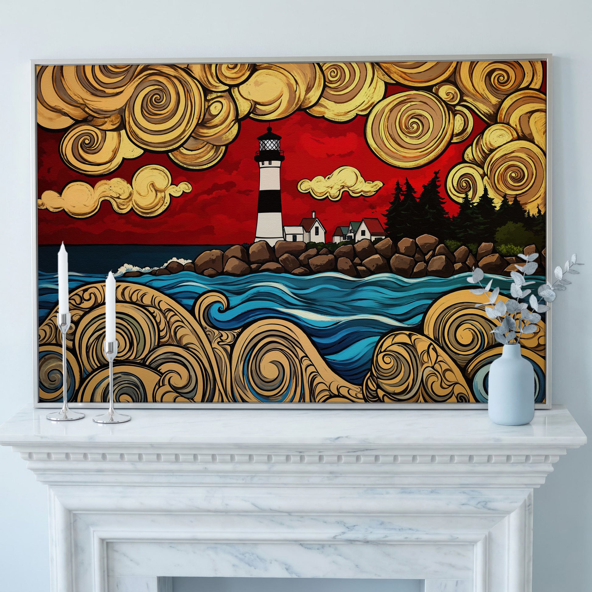 Lighthouse and Rocky Shore Canvas Wall Art in silver floating frame