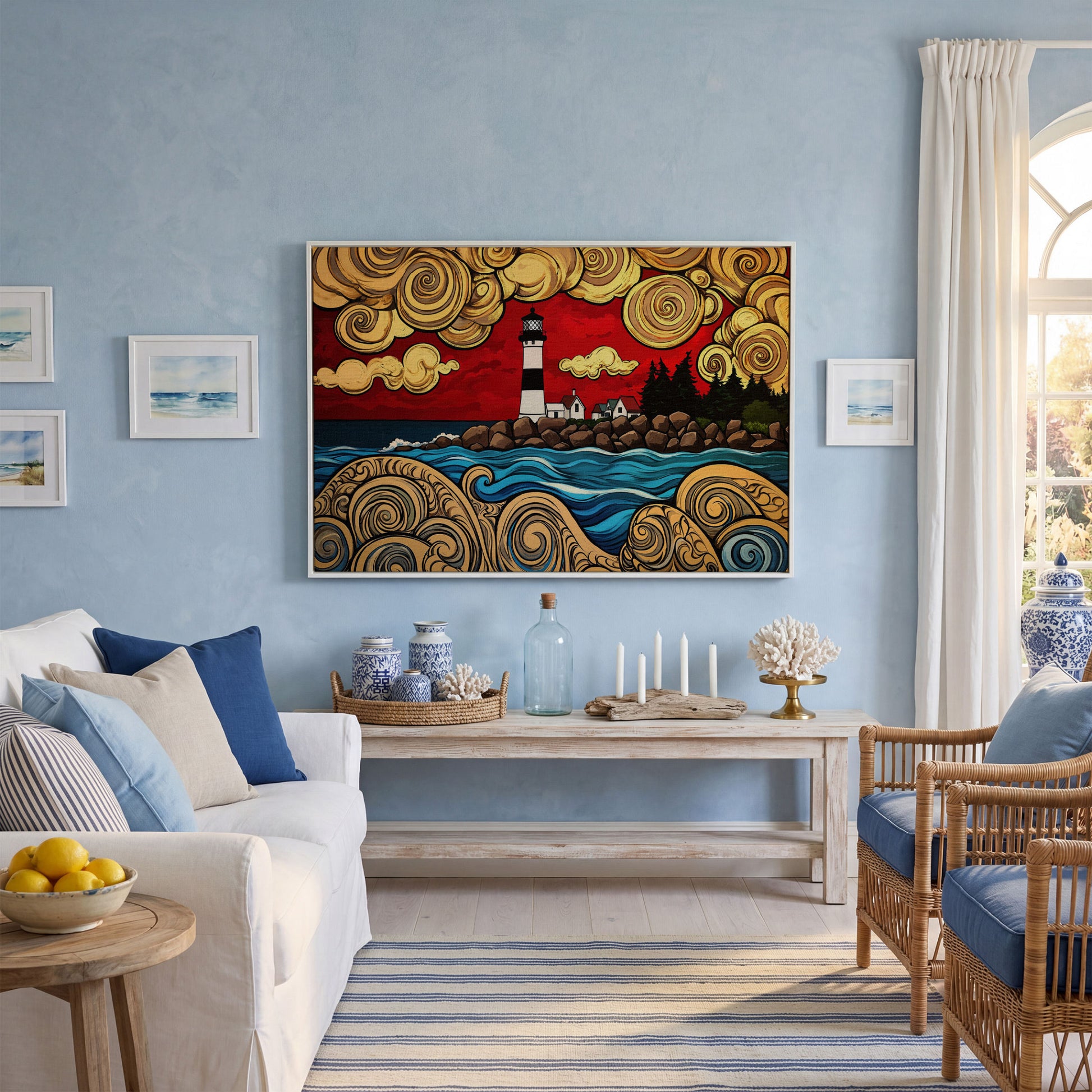Lighthouse and Rocky Shore Canvas Wall Art in white floating frame