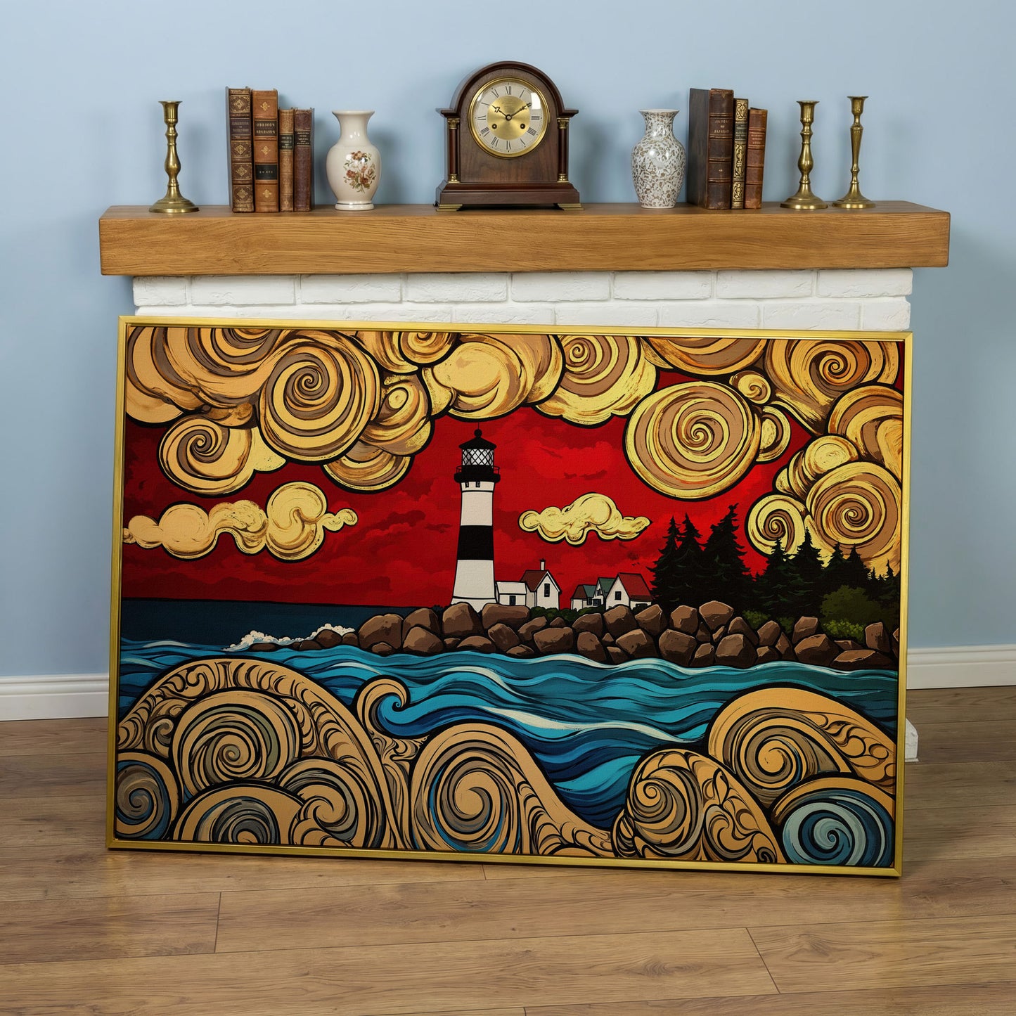 Lighthouse and Rocky Shore Canvas Wall Art in yellow gold floating frame