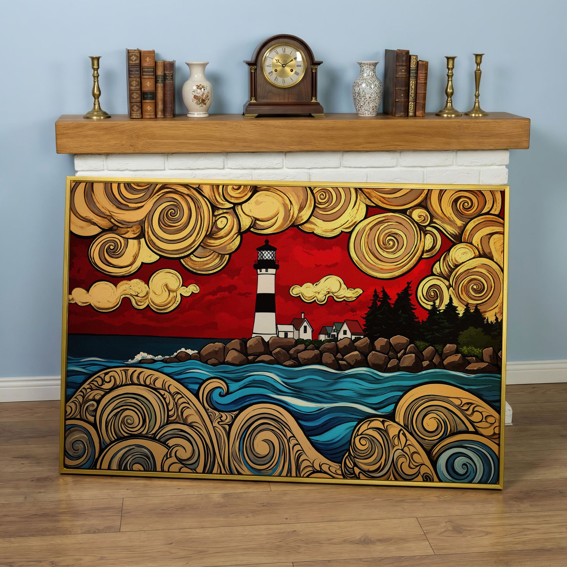Lighthouse and Rocky Shore Canvas Wall Art in yellow gold floating frame