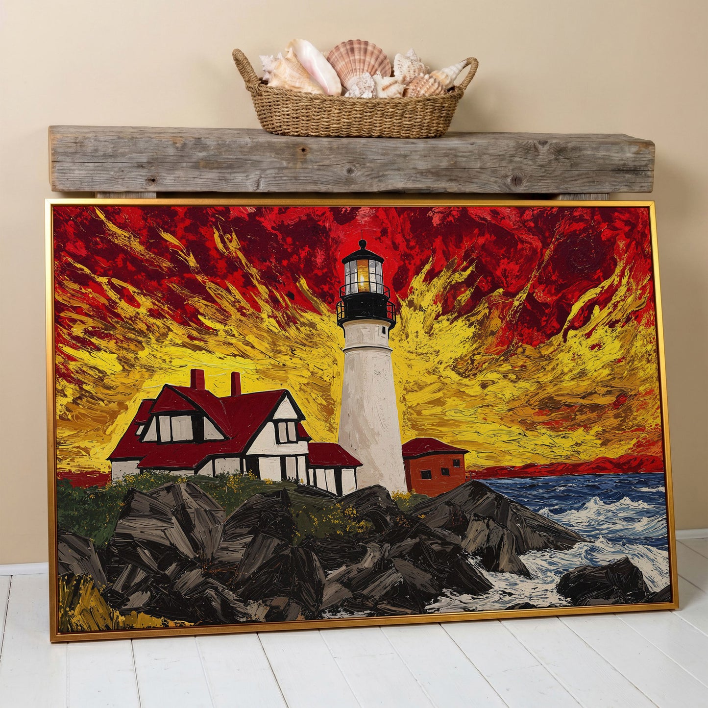 White Lighthouse and Red-Roofed House on a Rocky Shore Canvas in antique gold floating frame