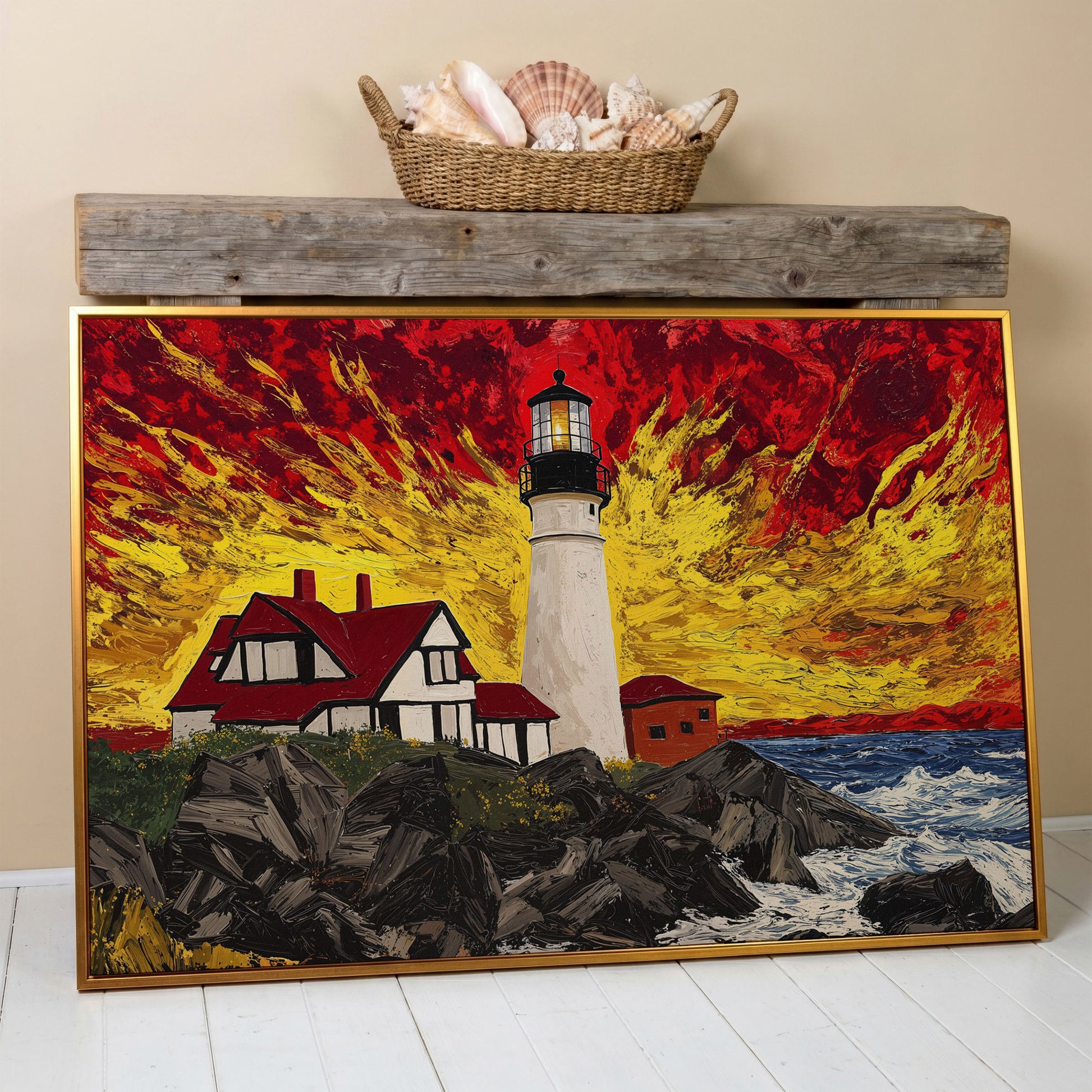 White Lighthouse and Red-Roofed House on a Rocky Shore Canvas in antique gold floating frame