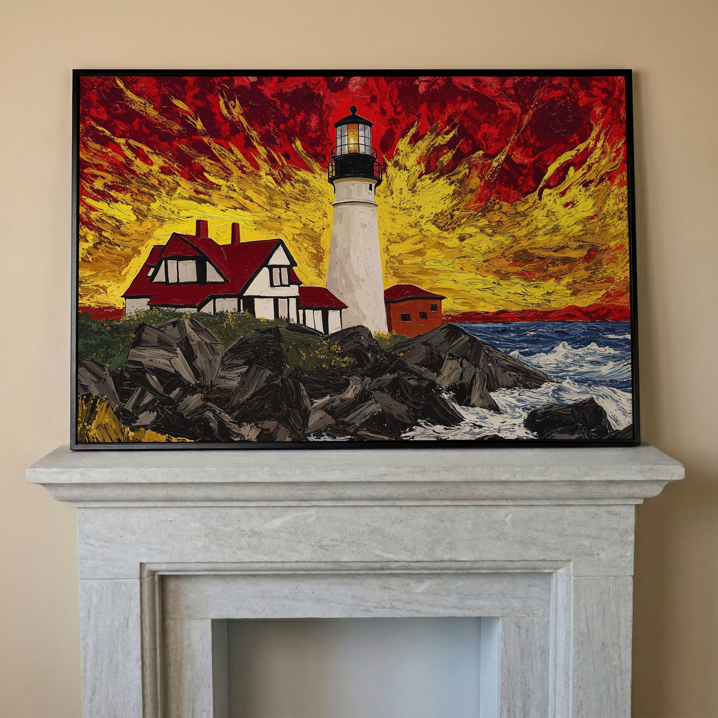 White Lighthouse and Red-Roofed House on a Rocky Shore Canvas in black floating frame