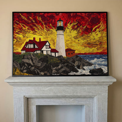 White Lighthouse and Red-Roofed House on a Rocky Shore Canvas in black floating frame