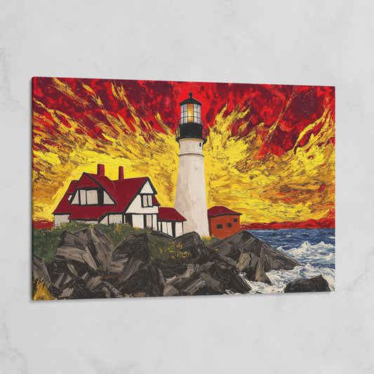 White Lighthouse and Red-Roofed House on a Rocky Shore Canvas on gallery wrap