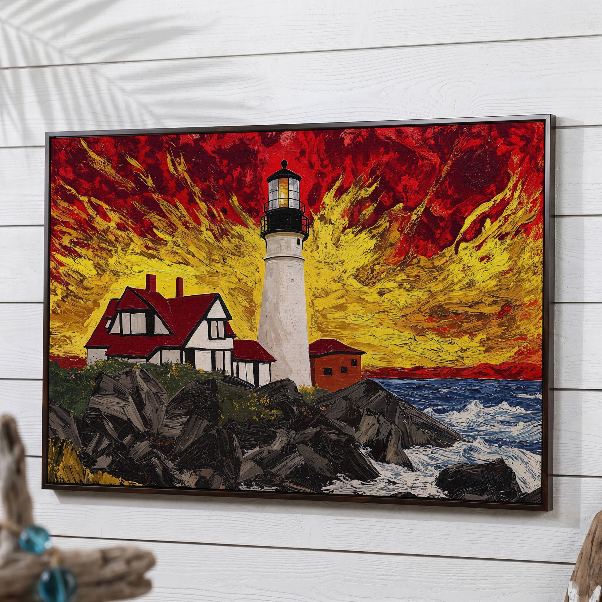 White Lighthouse and Red-Roofed House on a Rocky Shore Canvas in dark walnut floating frame