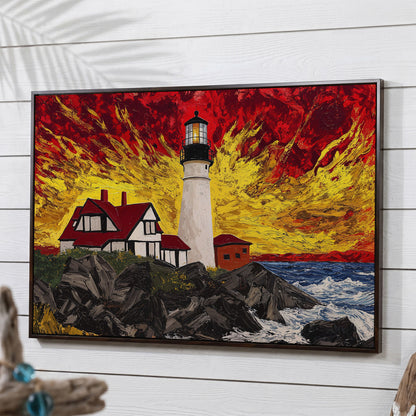 White Lighthouse and Red-Roofed House on a Rocky Shore Canvas in dark walnut floating frame