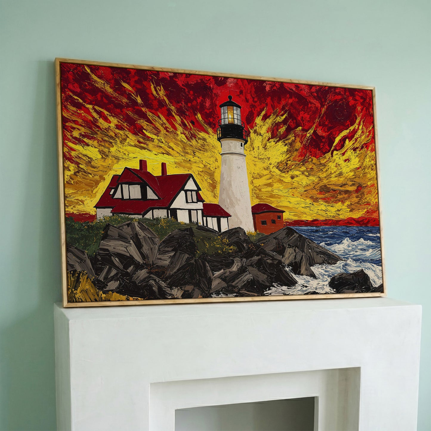 White Lighthouse and Red-Roofed House on a Rocky Shore Canvas in white oak floating frame