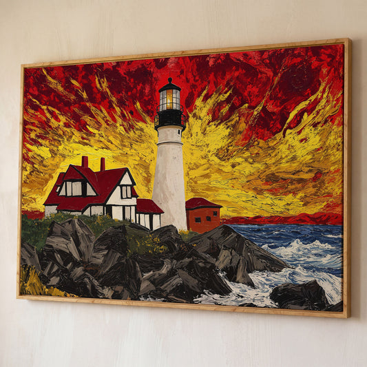 White Lighthouse and Red-Roofed House on a Rocky Shore Canvas shown in white oak floating frame