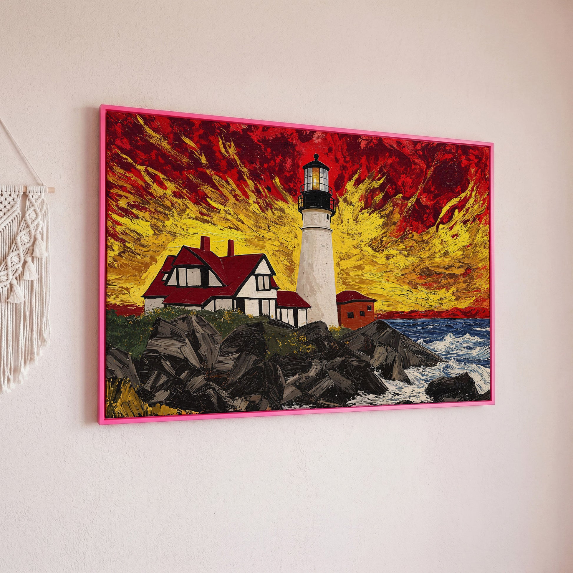 White Lighthouse and Red-Roofed House on a Rocky Shore Canvas in pink floating frame