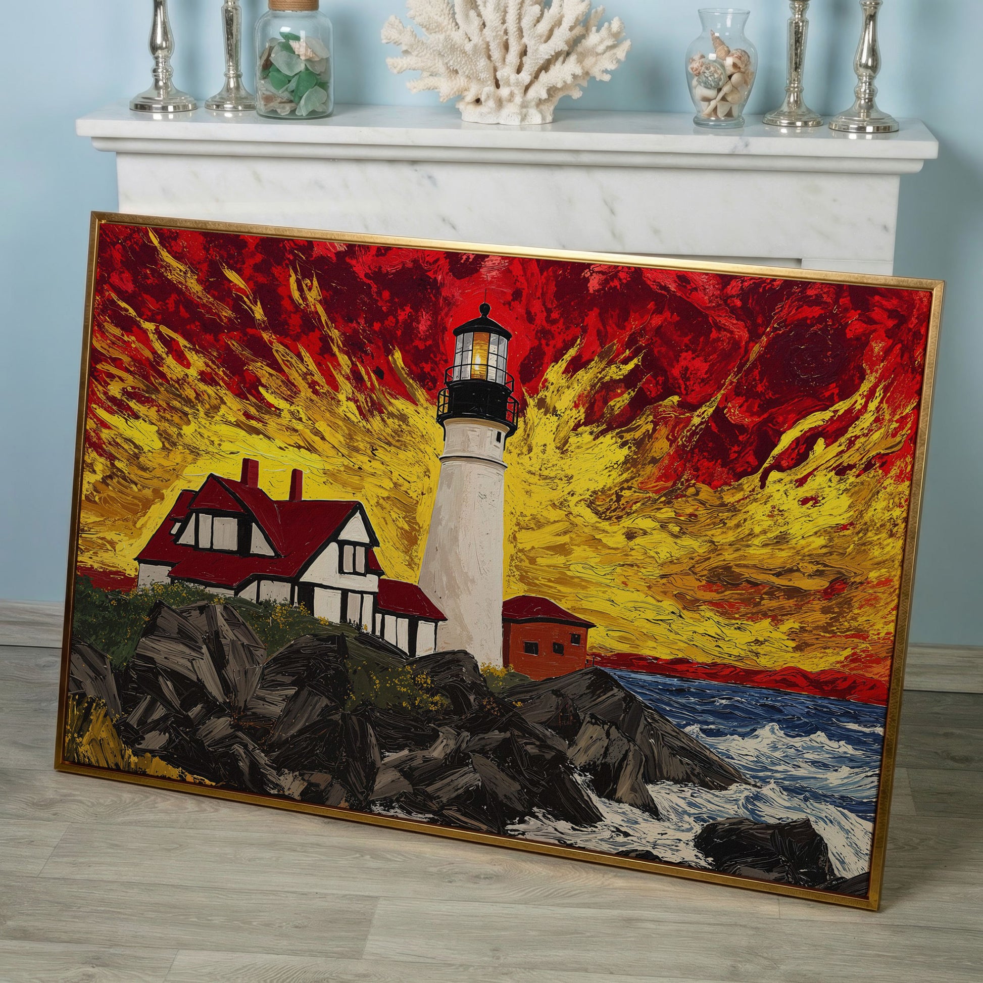 White Lighthouse and Red-Roofed House on a Rocky Shore Canvas in rose gold floating frame