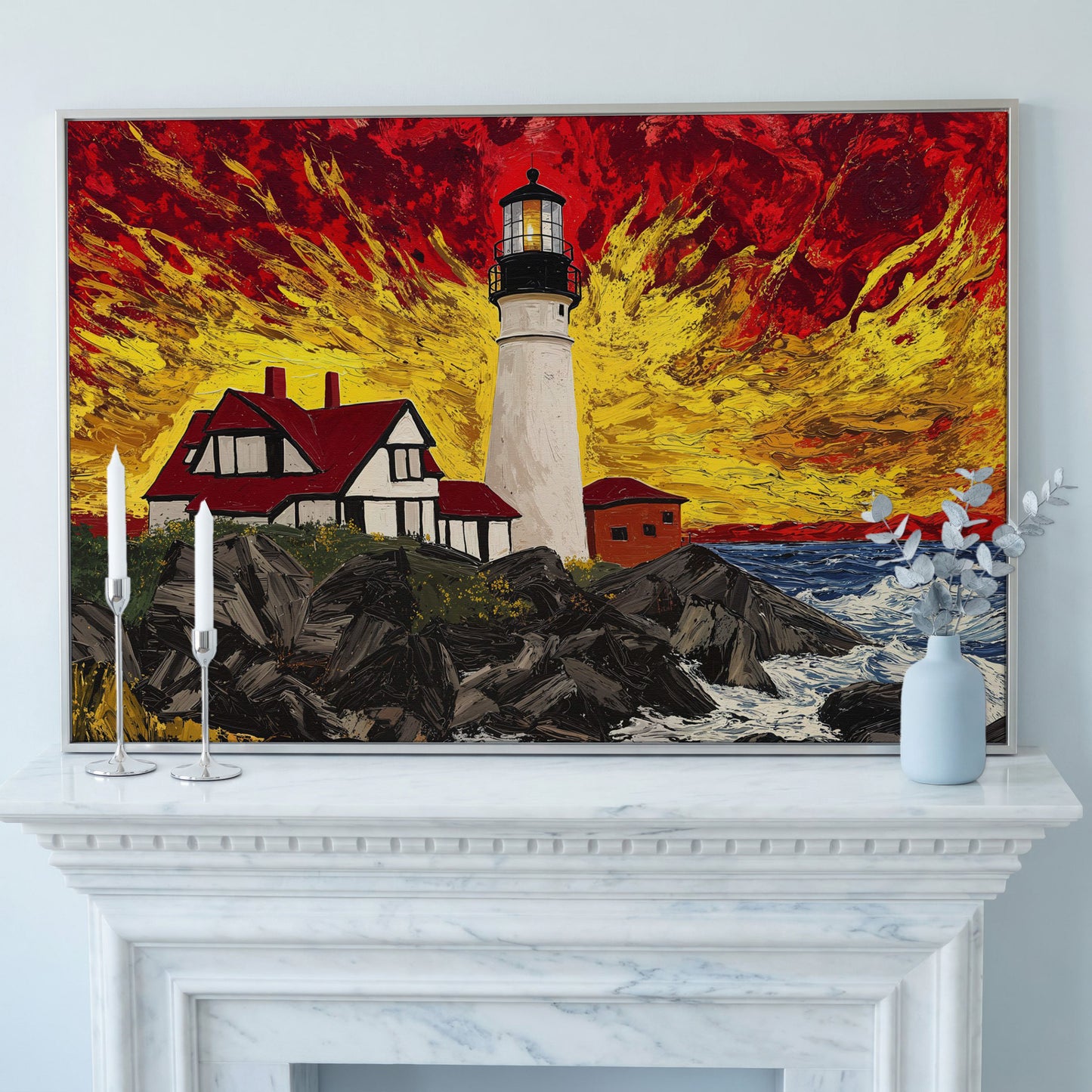 White Lighthouse and Red-Roofed House on a Rocky Shore Canvas in silver floating frame