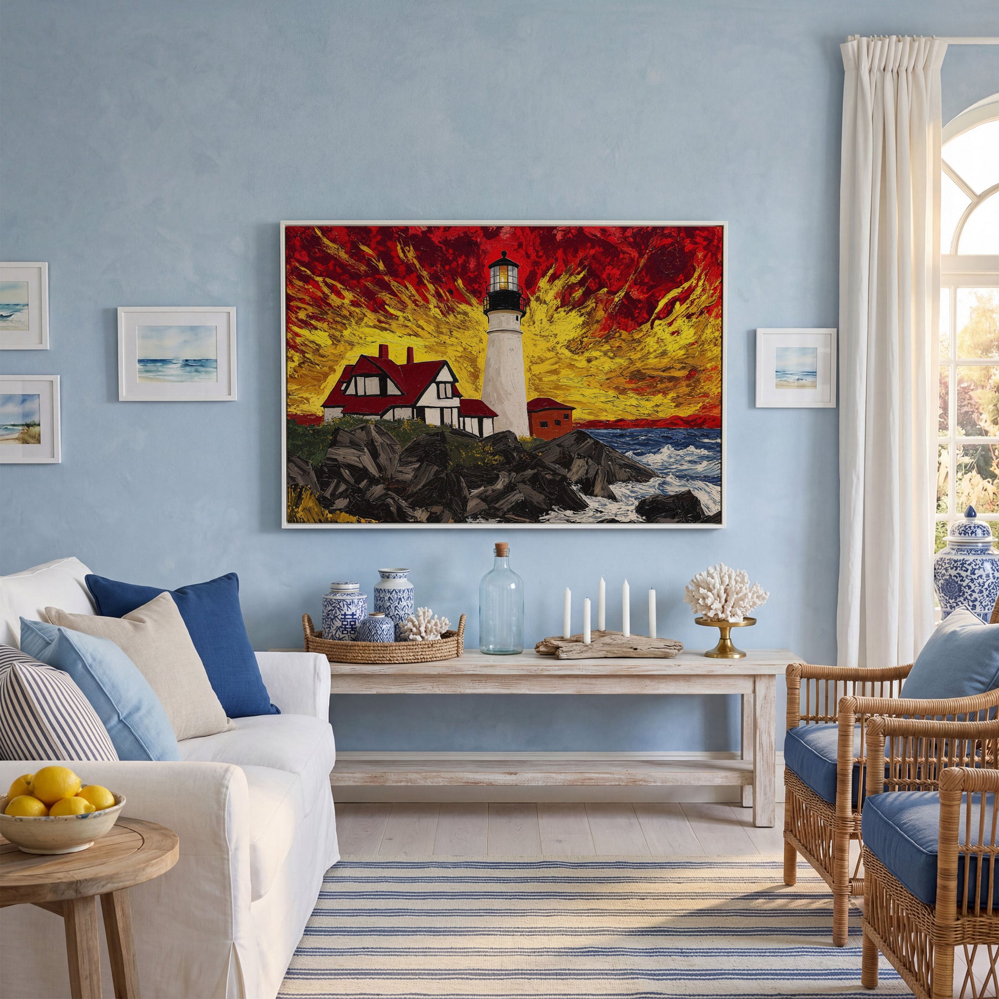 White Lighthouse and Red-Roofed House on a Rocky Shore Canvas in white floating frame
