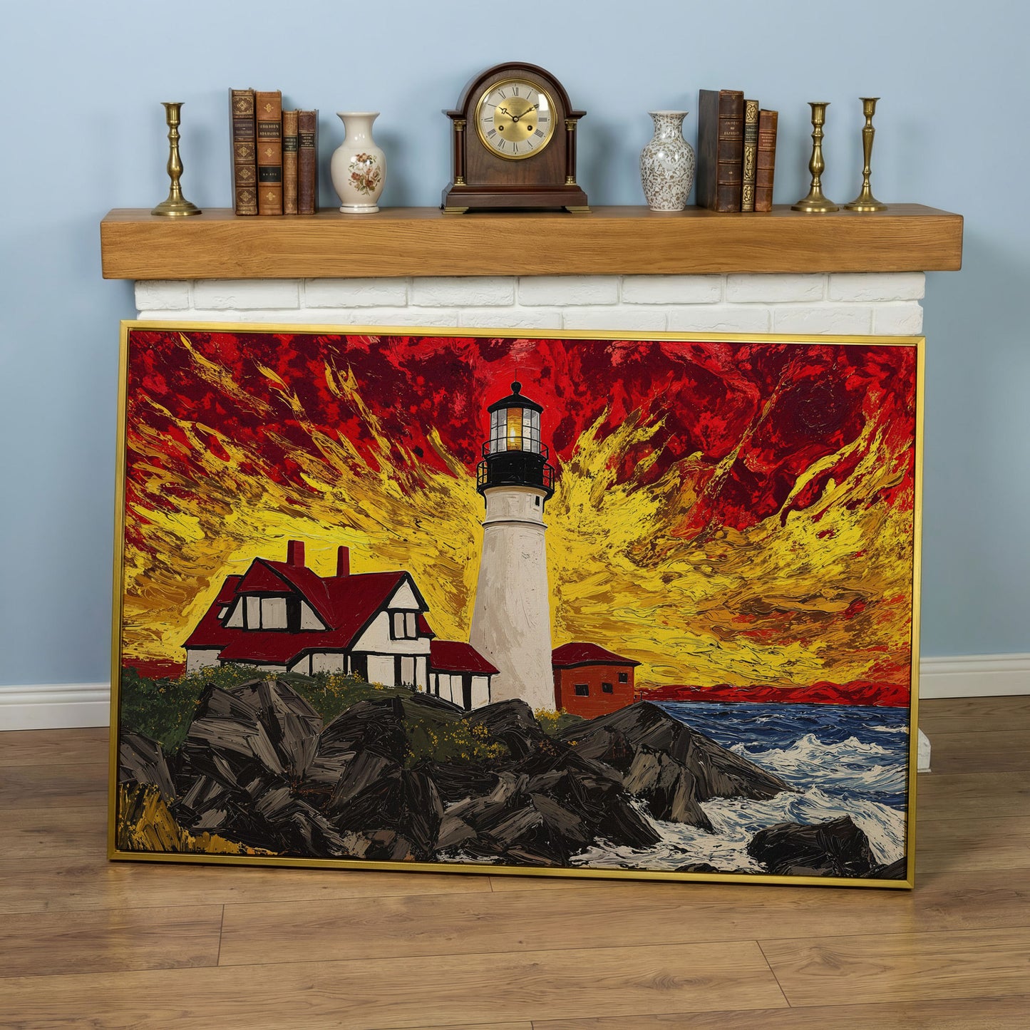 White Lighthouse and Red-Roofed House on a Rocky Shore Canvas in yellow gold floating frame