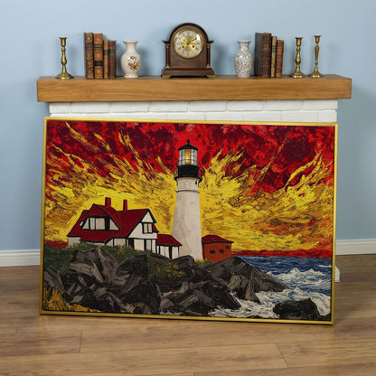 White Lighthouse and Red-Roofed House on a Rocky Shore Canvas in yellow gold floating frame