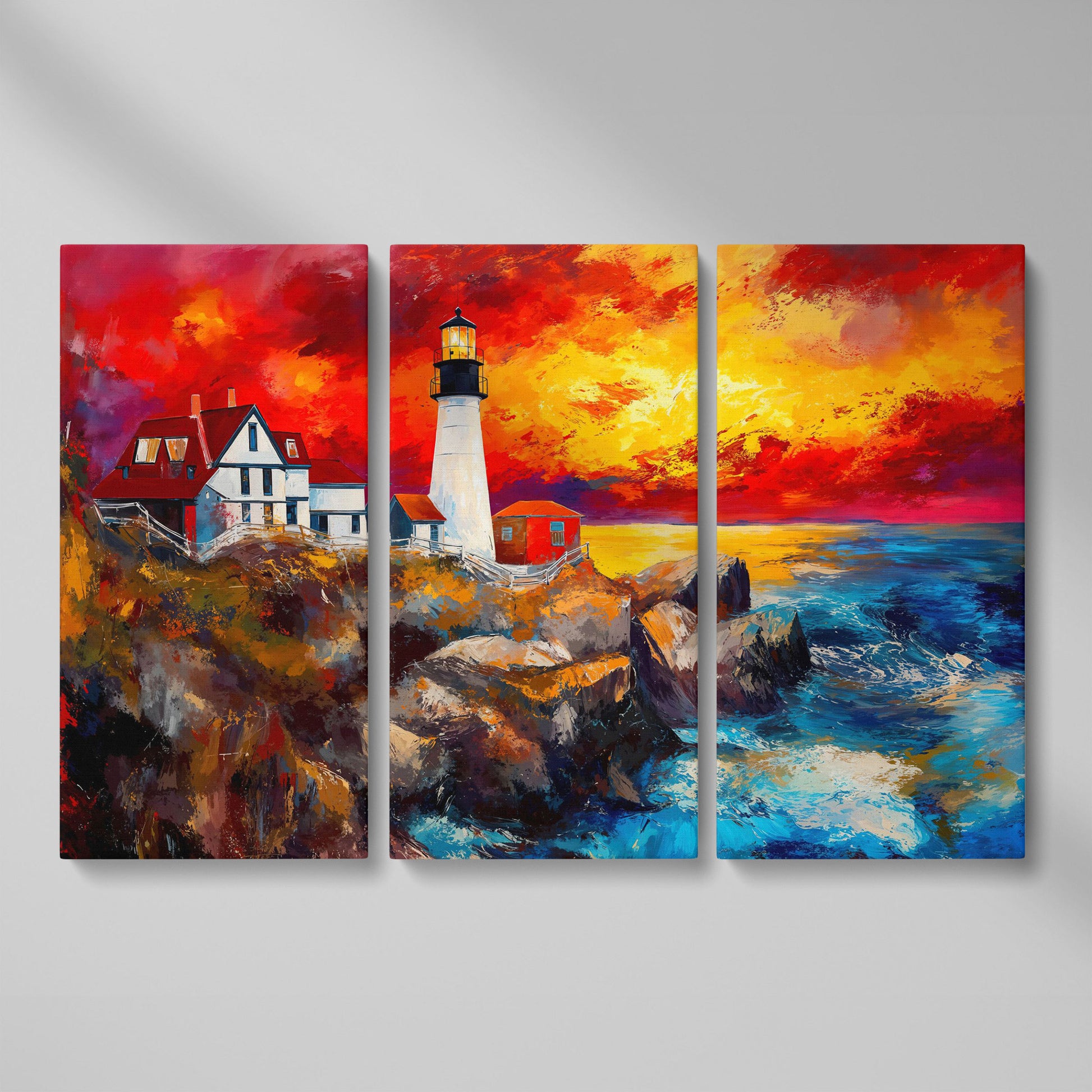 Lighthouse at Sunset Seascape Canvas Wall Art as 3-panel split version