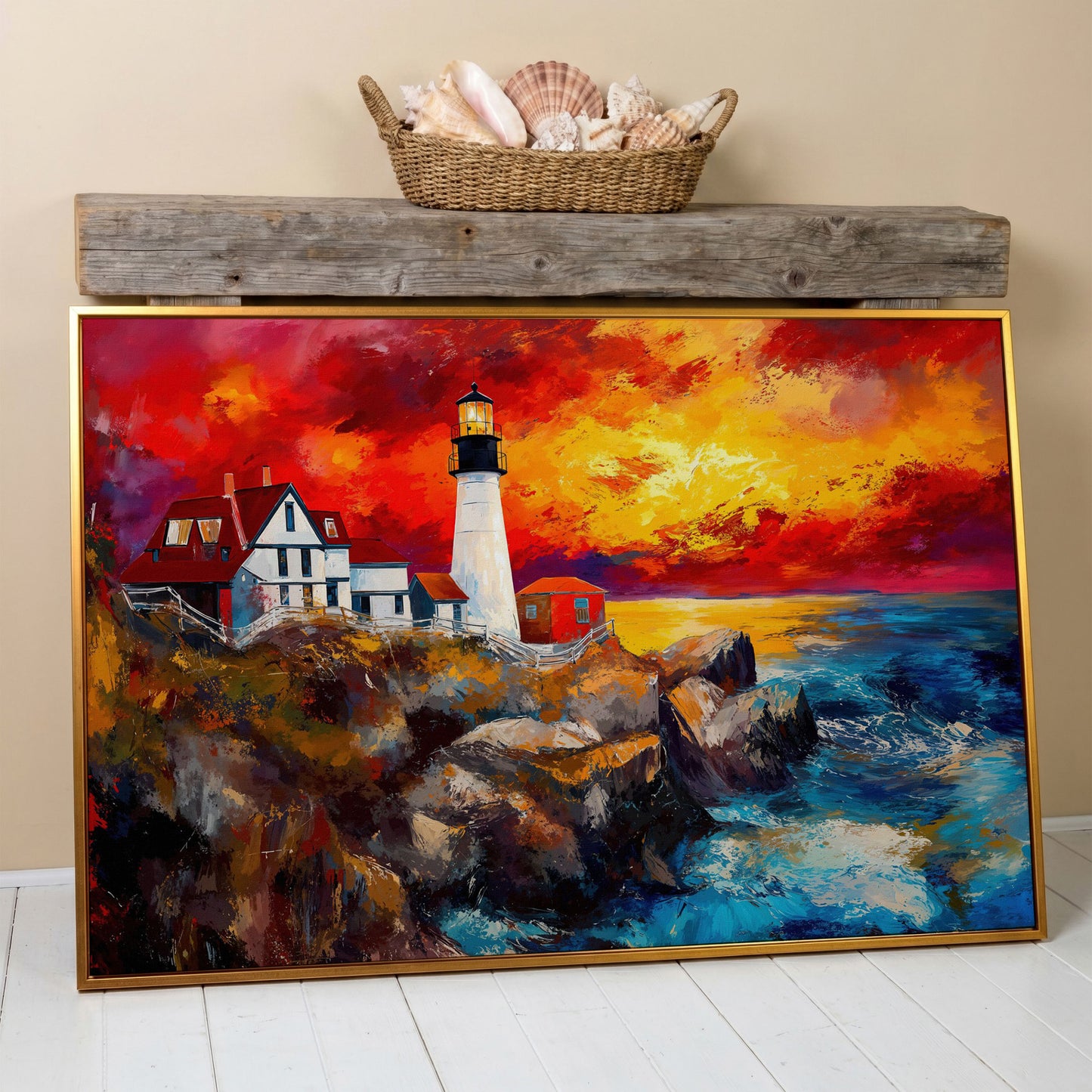 Lighthouse at Sunset Seascape Canvas Wall Art in antique gold floating frame