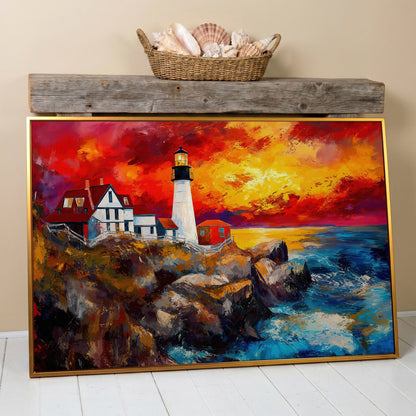 Lighthouse at Sunset Seascape Canvas Wall Art in antique gold floating frame