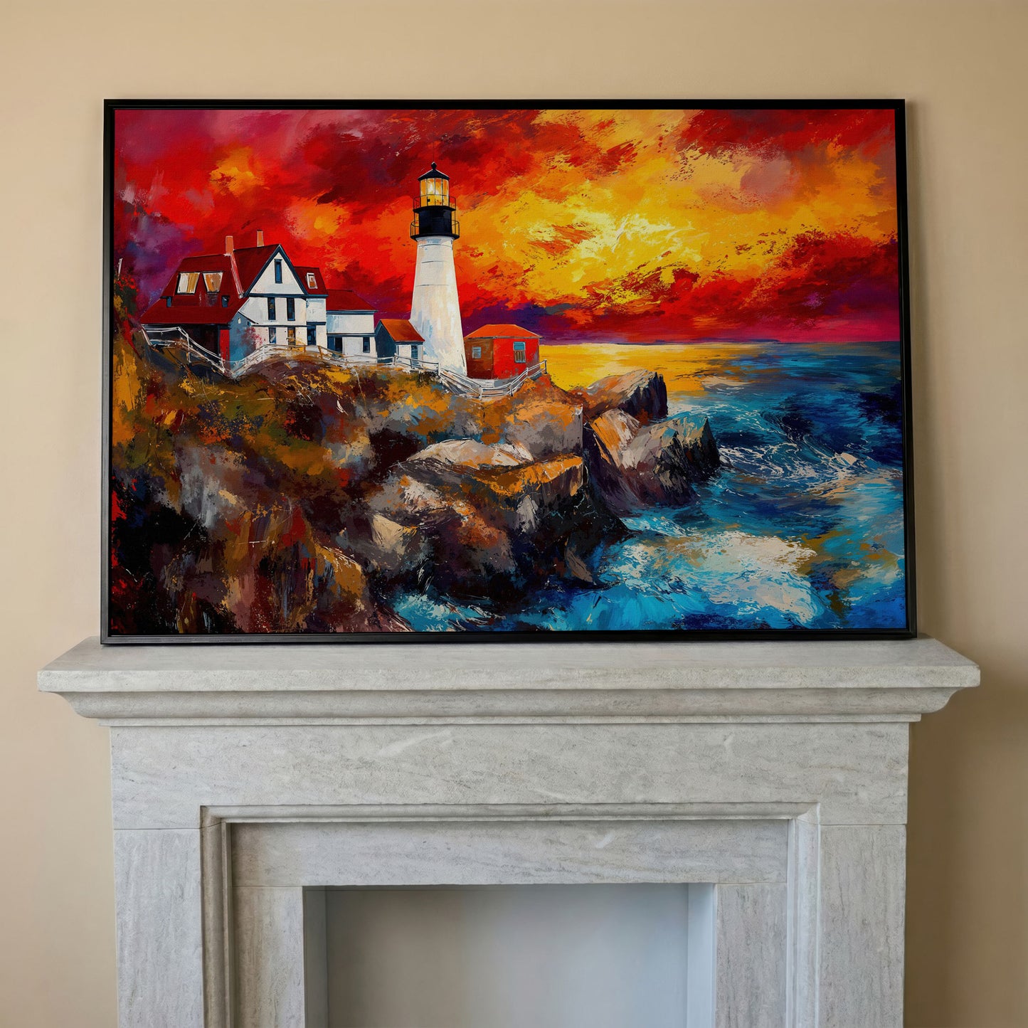 Lighthouse at Sunset Seascape Canvas Wall Art in black floating frame