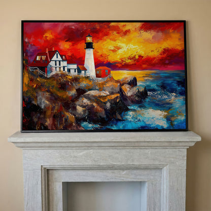 Lighthouse at Sunset Seascape Canvas Wall Art in black floating frame
