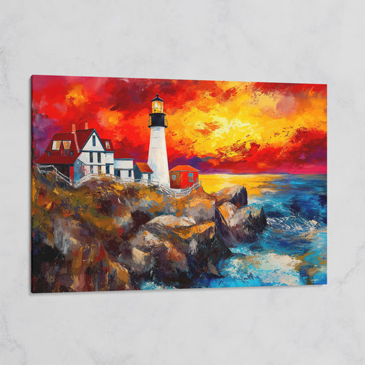 Lighthouse at Sunset Seascape Canvas Wall Art on gallery wrap