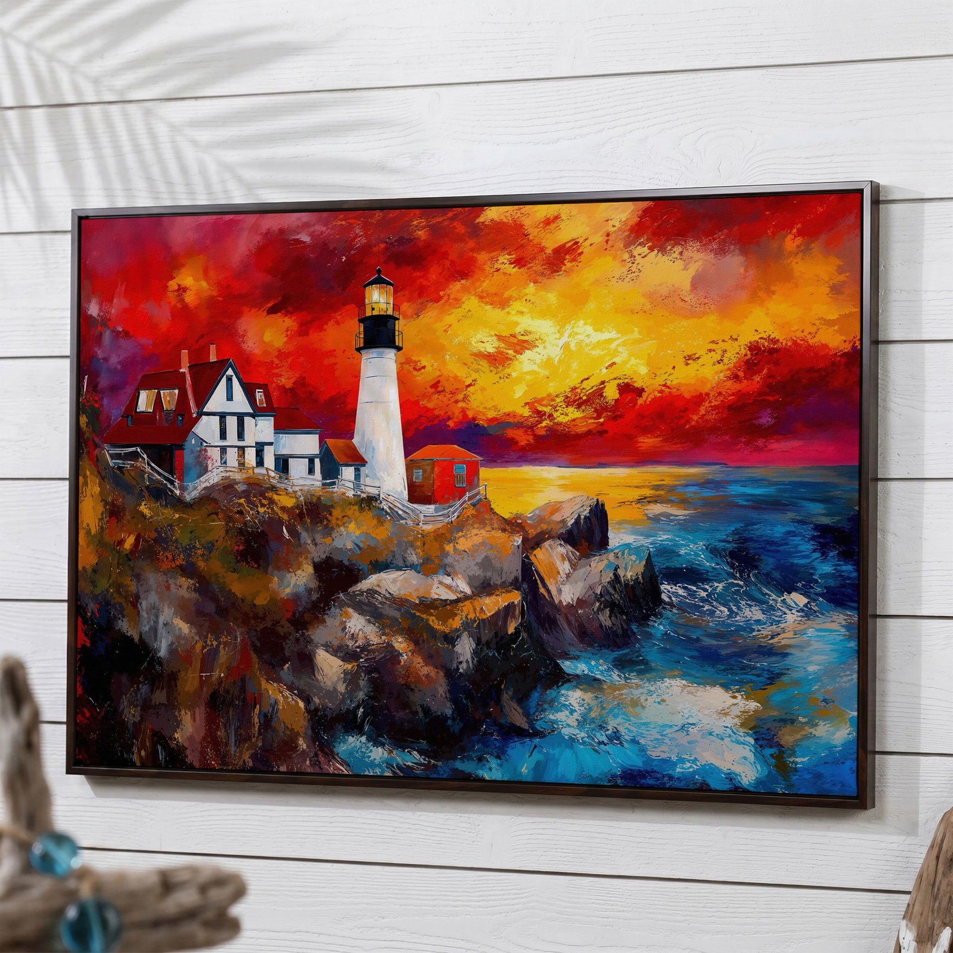 Lighthouse at Sunset Seascape Canvas Wall Art in dark walnut floating frame