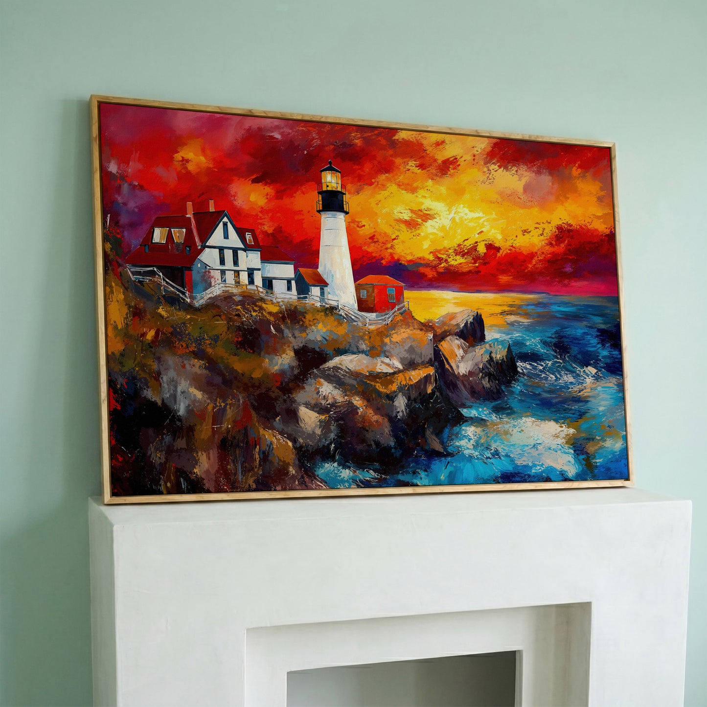 Lighthouse at Sunset Seascape Canvas Wall Art in white oak floating frame