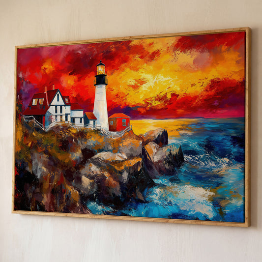 Lighthouse at Sunset Seascape Canvas Wall Art shown in white oak floating frame