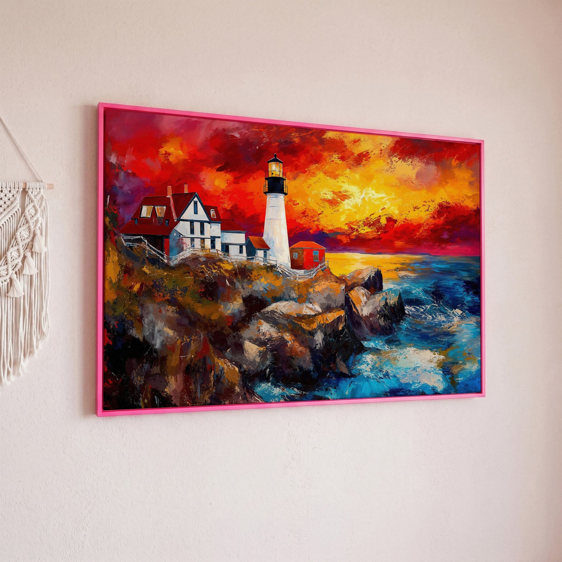 Lighthouse at Sunset Seascape Canvas Wall Art in pink floating frame