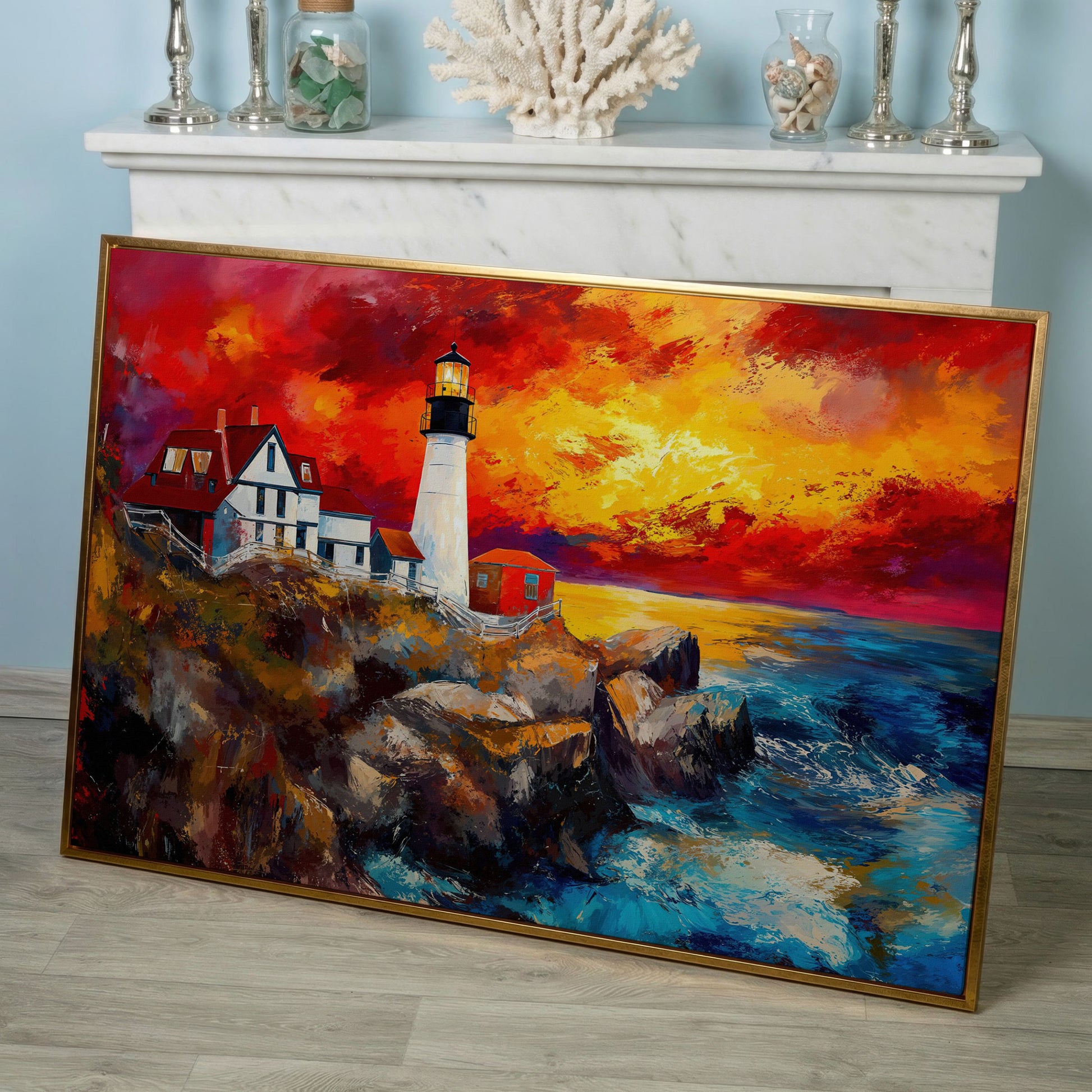 Lighthouse at Sunset Seascape Canvas Wall Art in rose gold floating frame
