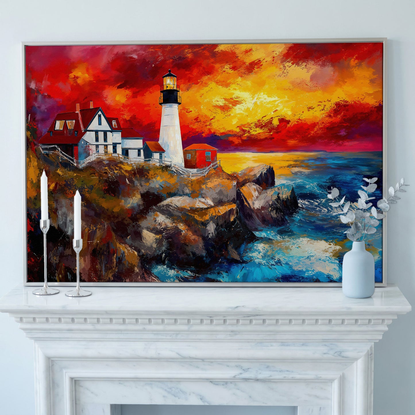 Lighthouse at Sunset Seascape Canvas Wall Art in silver floating frame