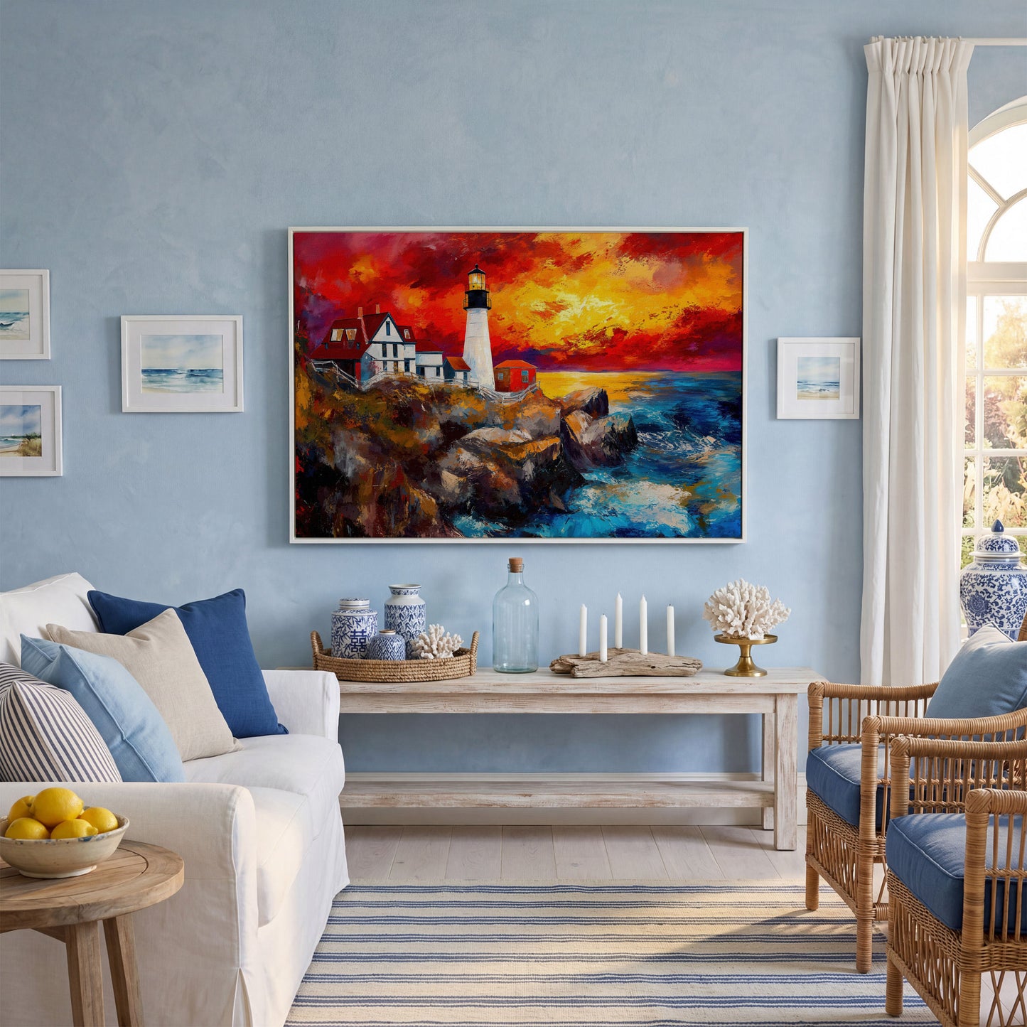 Lighthouse at Sunset Seascape Canvas Wall Art in white floating frame