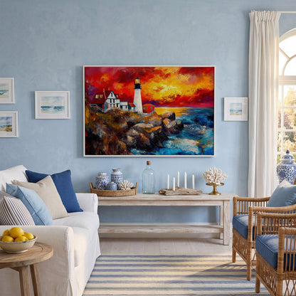 Lighthouse at Sunset Seascape Canvas Wall Art in white floating frame
