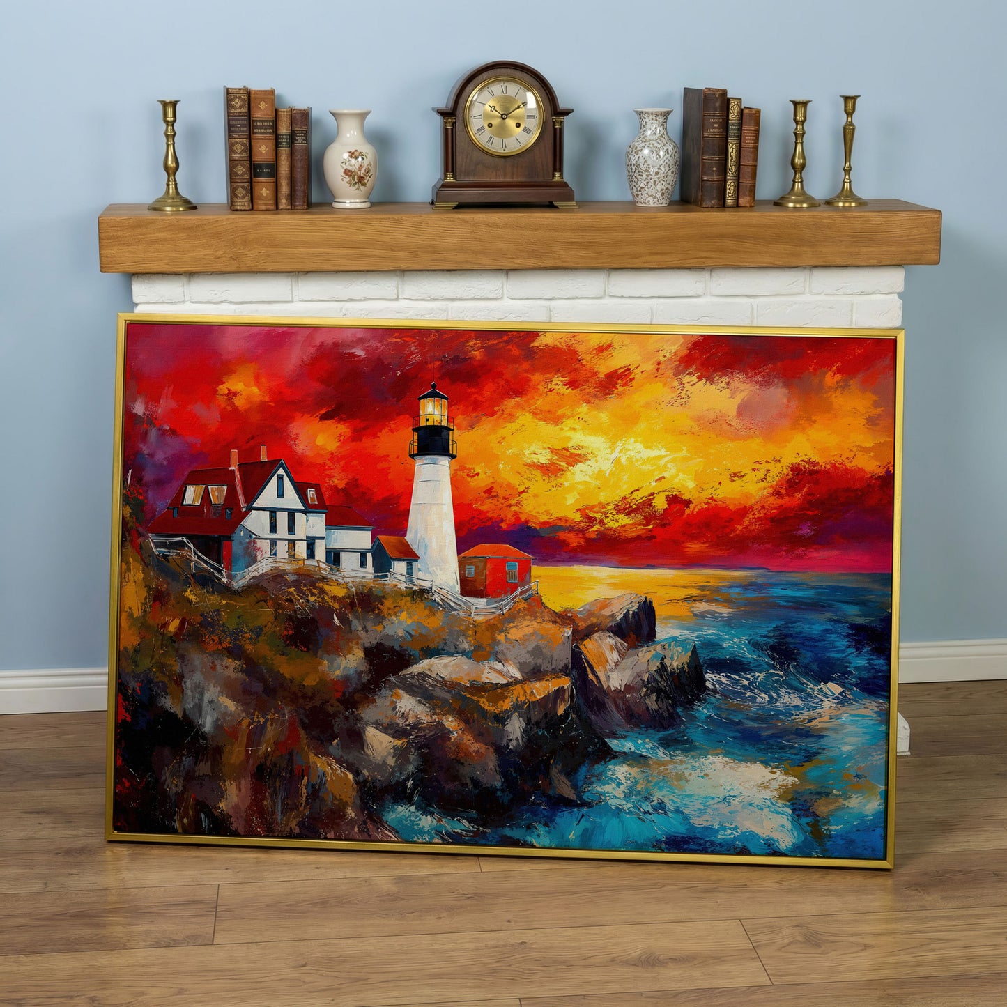 Lighthouse at Sunset Seascape Canvas Wall Art in yellow gold floating frame