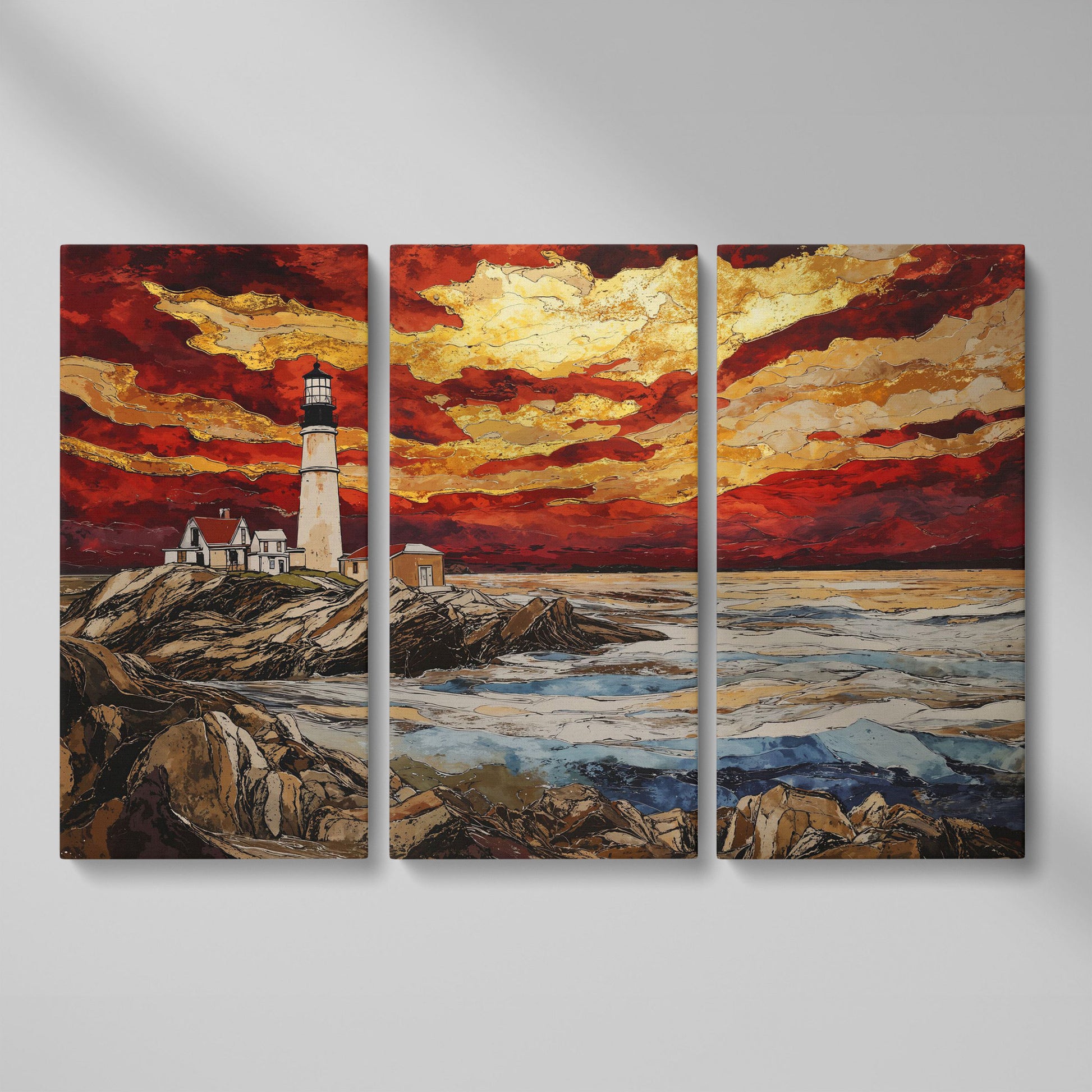 Lighthouse at Sunset: Rocky Coastline Canvas Wall Art as 3-panel split version