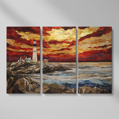 Lighthouse at Sunset: Rocky Coastline Canvas Wall Art as 3-panel split version