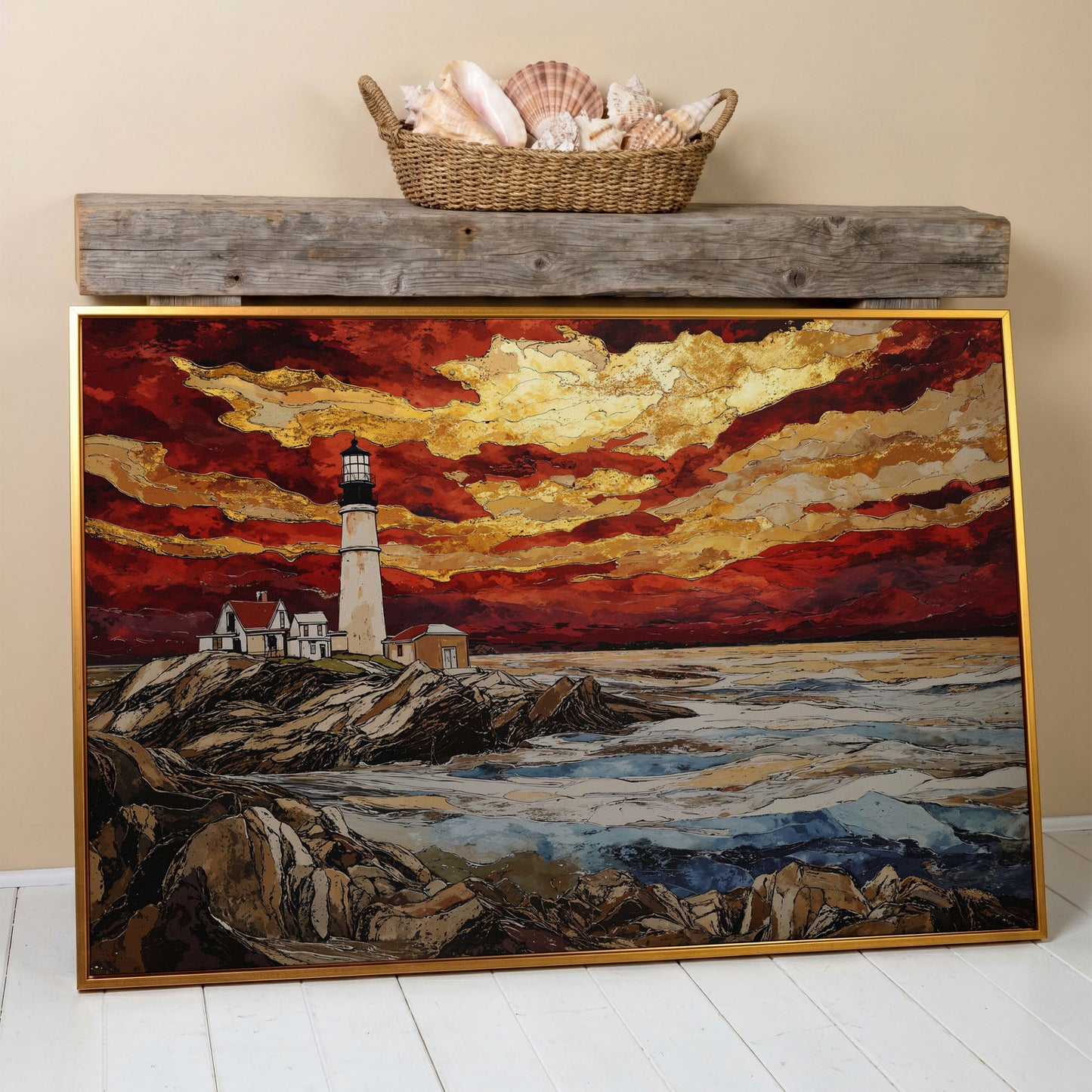 Lighthouse at Sunset: Rocky Coastline Canvas Wall Art in antique gold floating frame