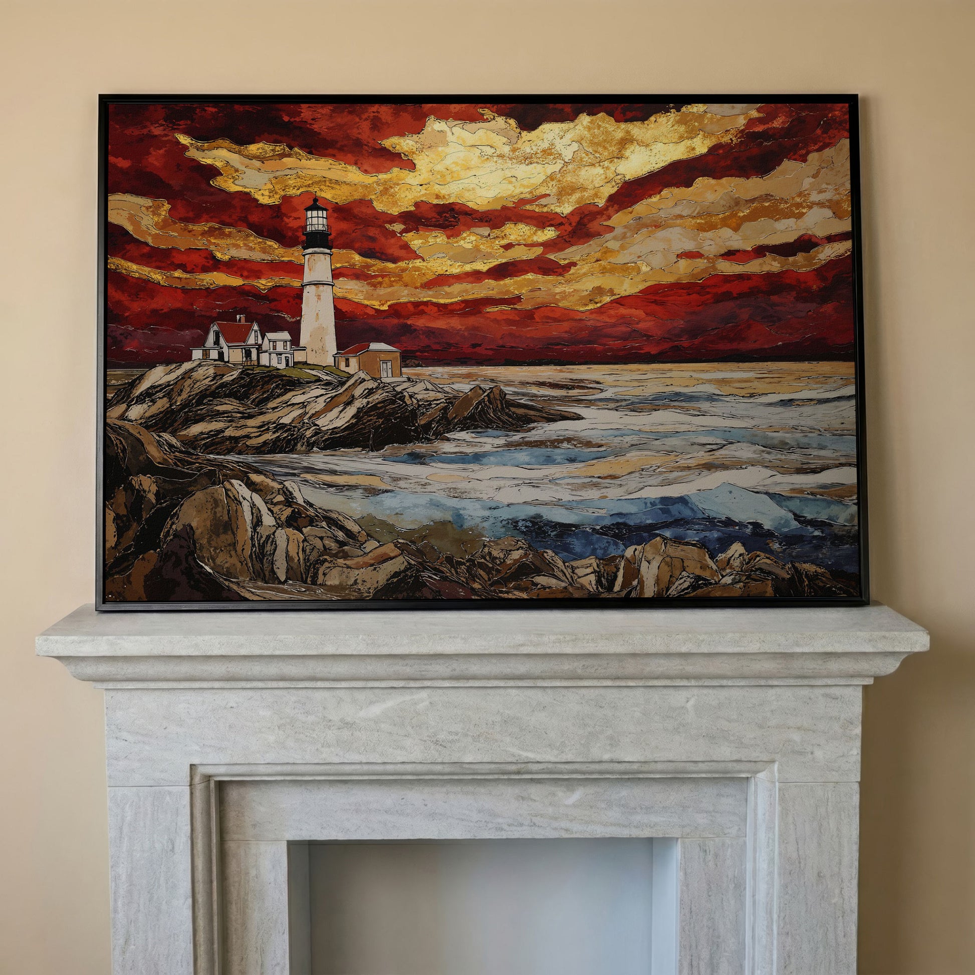 Lighthouse at Sunset: Rocky Coastline Canvas Wall Art in black floating frame