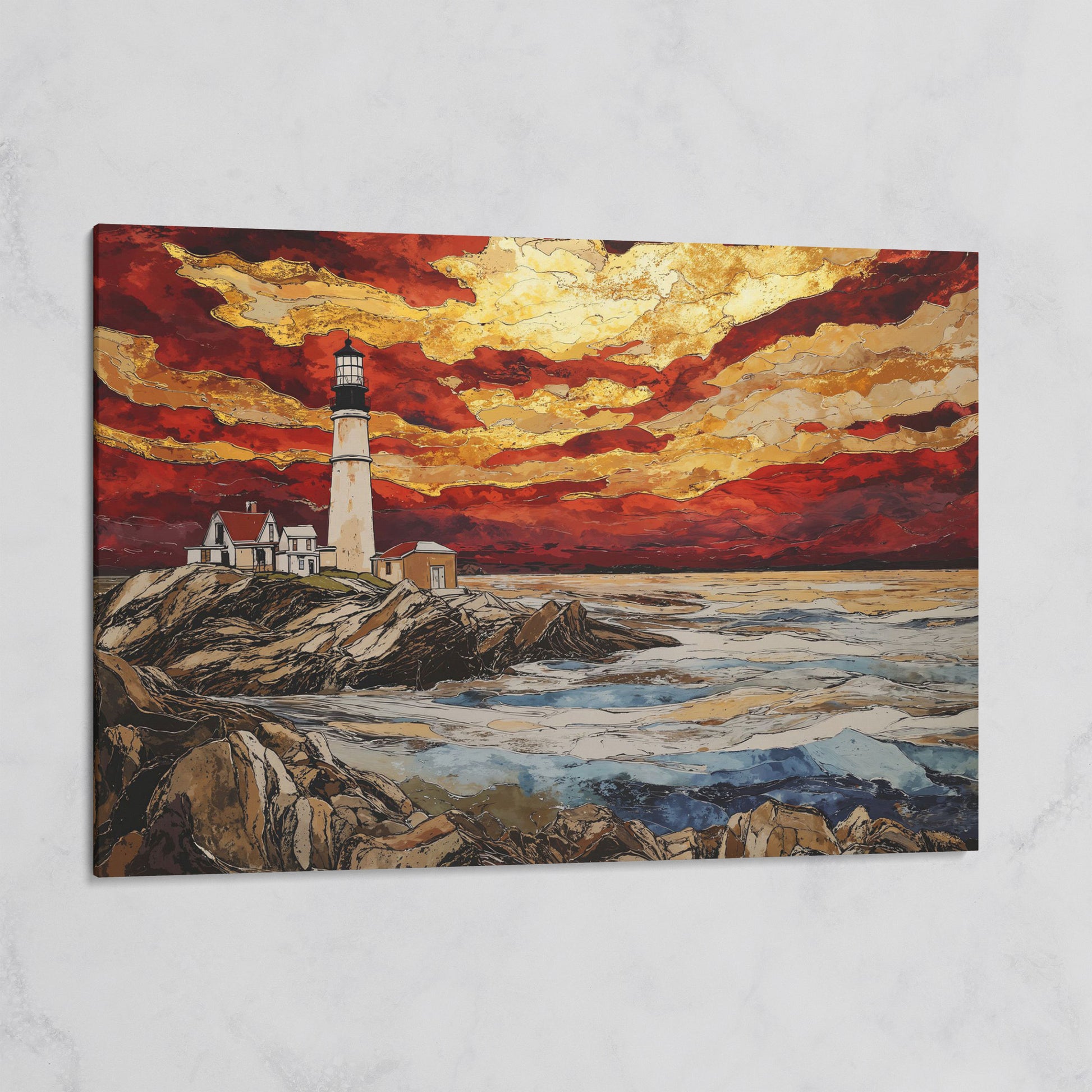 Lighthouse at Sunset: Rocky Coastline Canvas Wall Art on gallery wrap