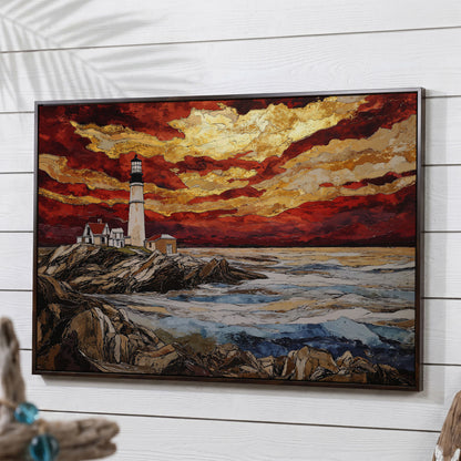 Lighthouse at Sunset: Rocky Coastline Canvas Wall Art in dark walnut floating frame