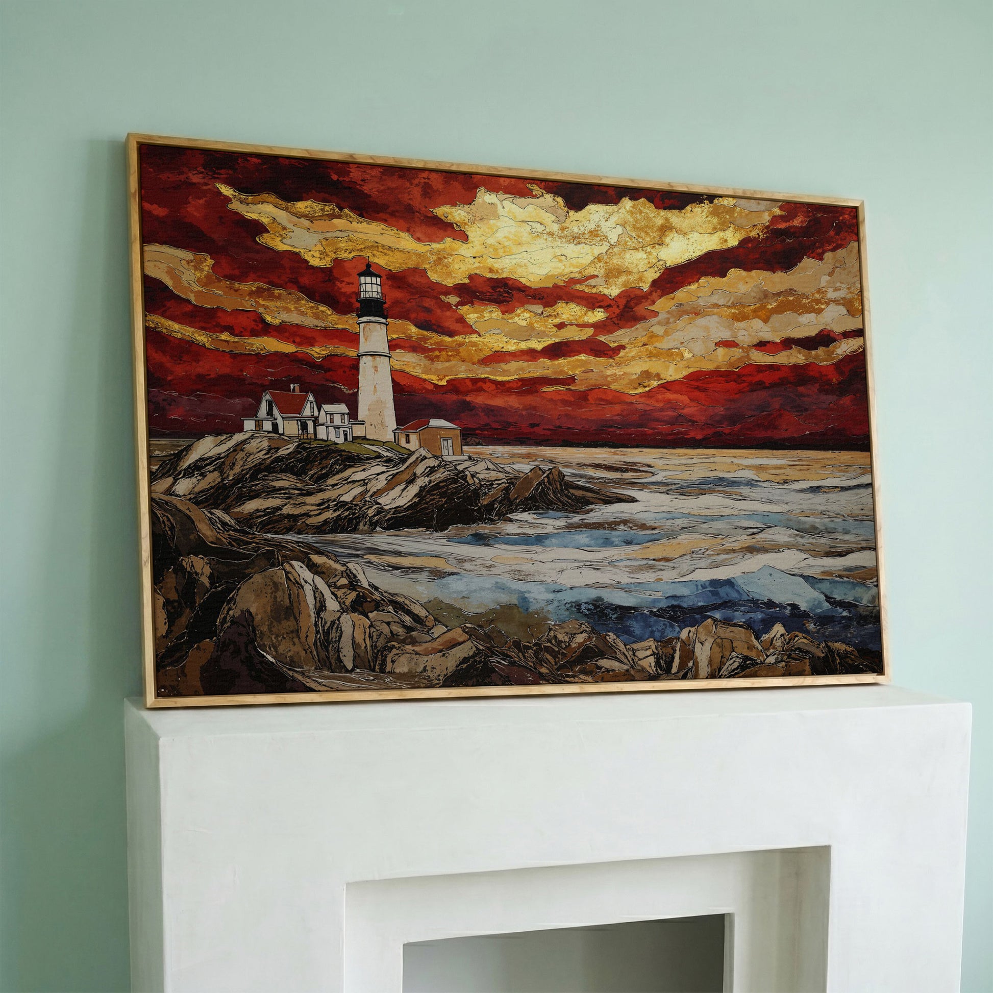Lighthouse at Sunset: Rocky Coastline Canvas Wall Art in white oak floating frame