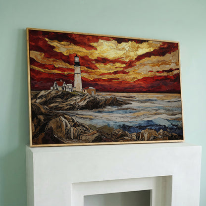 Lighthouse at Sunset: Rocky Coastline Canvas Wall Art in white oak floating frame