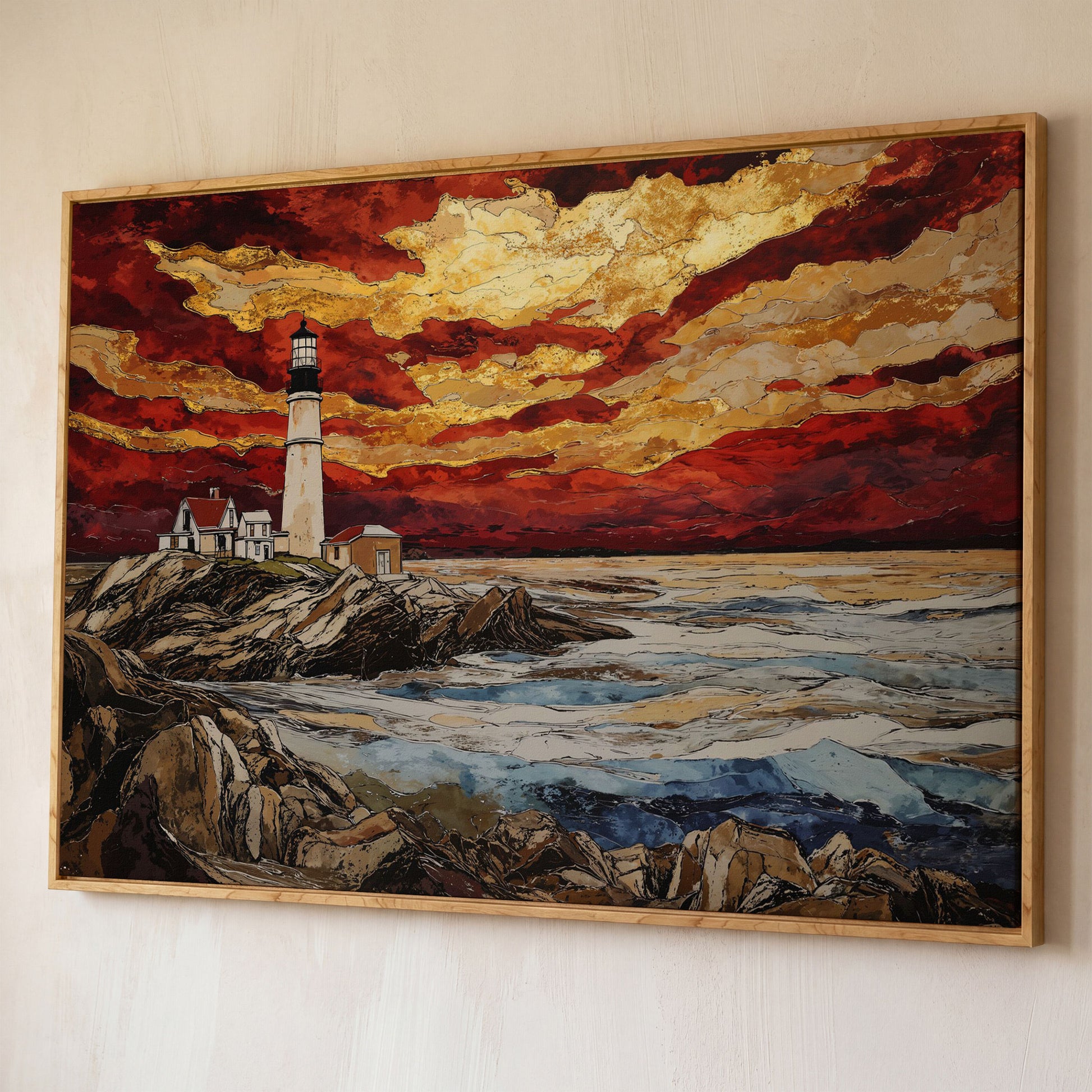 Lighthouse at Sunset: Rocky Coastline Canvas Wall Art shown in white oak floating frame