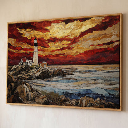 Lighthouse at Sunset: Rocky Coastline Canvas Wall Art shown in white oak floating frame
