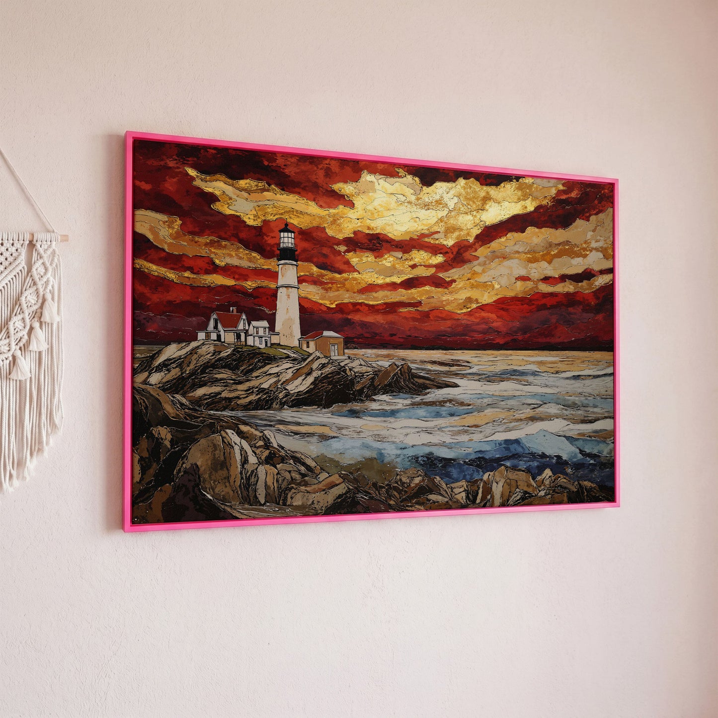 Lighthouse at Sunset: Rocky Coastline Canvas Wall Art in pink floating frame