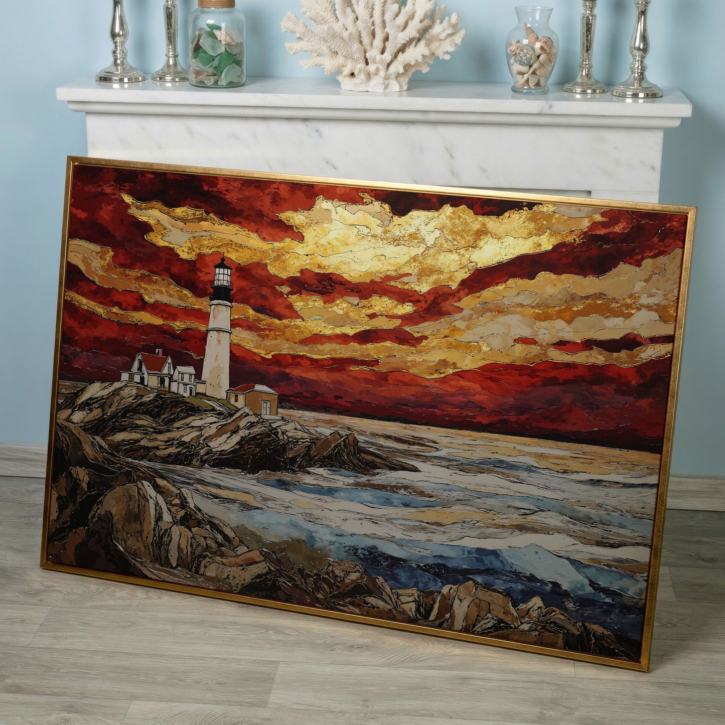 Lighthouse at Sunset: Rocky Coastline Canvas Wall Art in rose gold floating frame