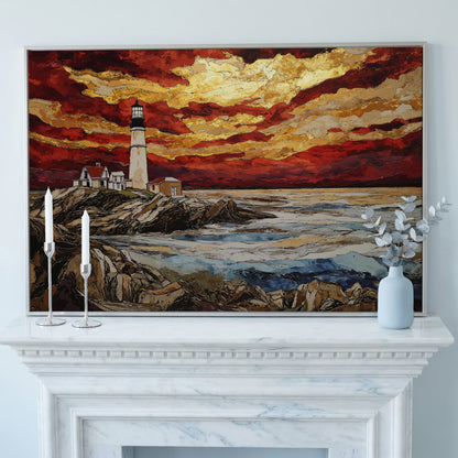 Lighthouse at Sunset: Rocky Coastline Canvas Wall Art in silver floating frame