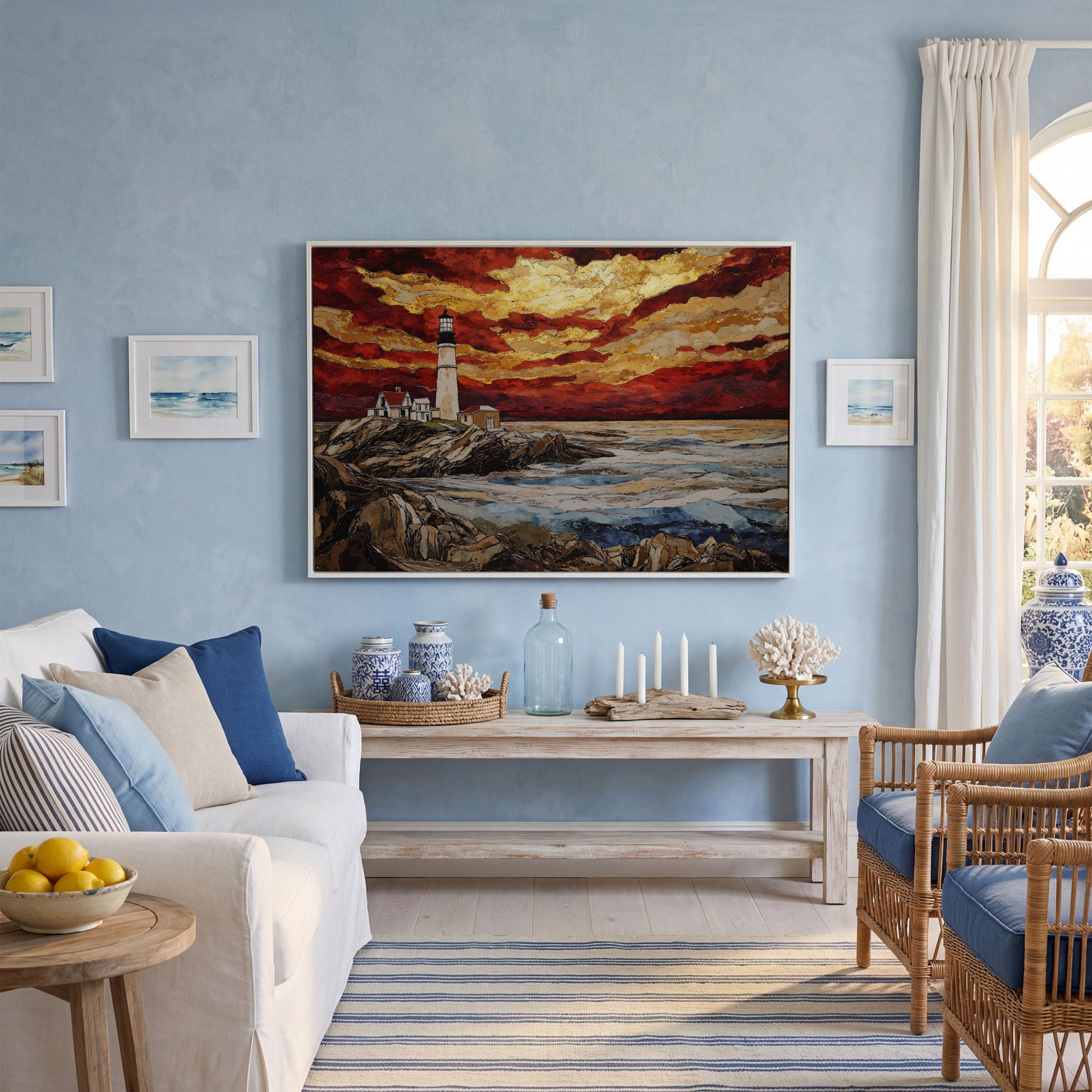 Lighthouse at Sunset: Rocky Coastline Canvas Wall Art in white floating frame