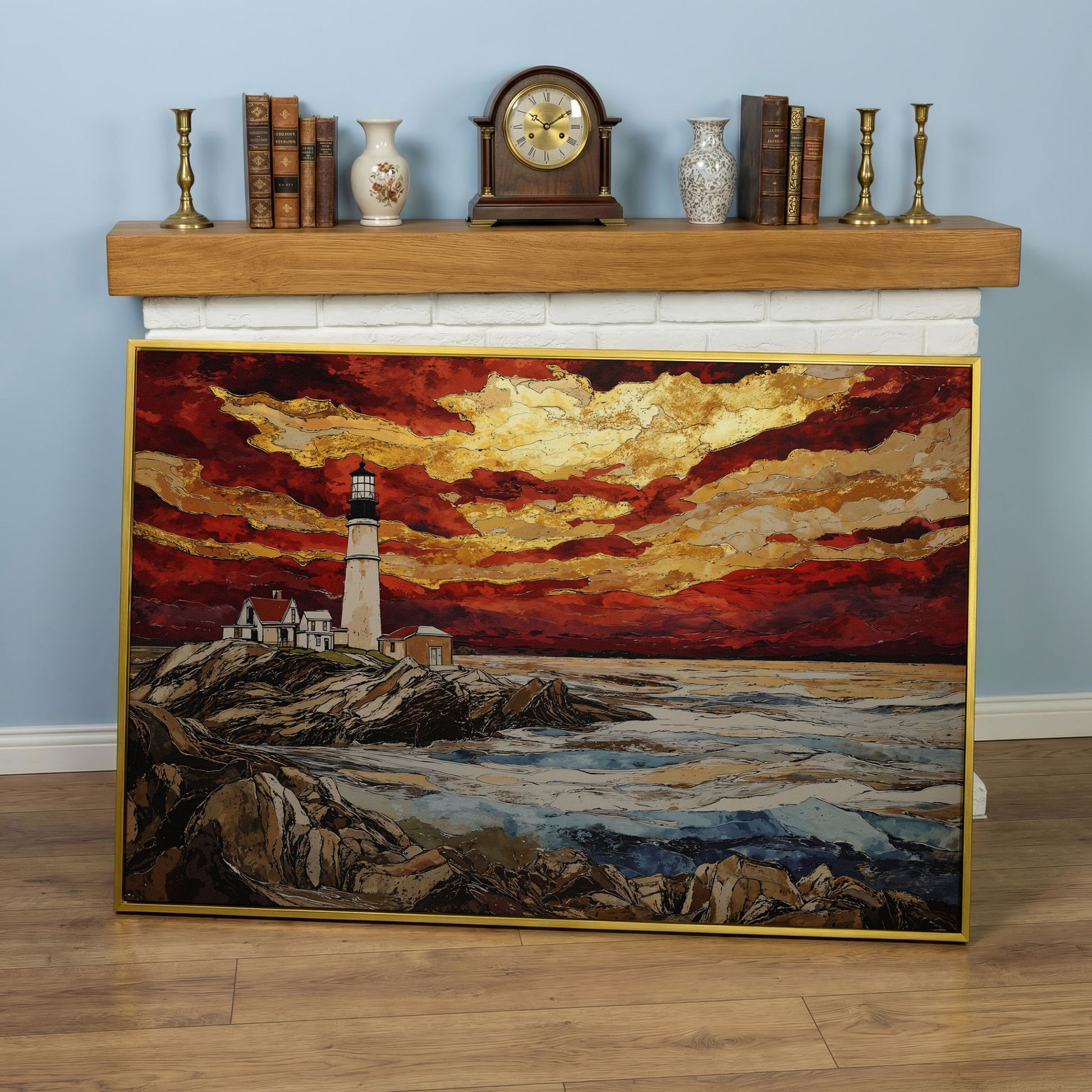 Lighthouse at Sunset: Rocky Coastline Canvas Wall Art in yellow gold floating frame